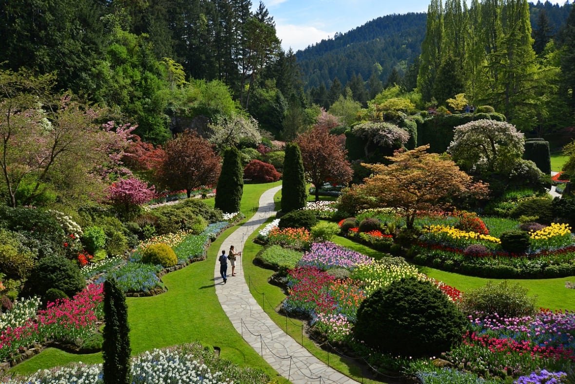 Aerial view of two people walking through colorful, well-maintained public gardens.