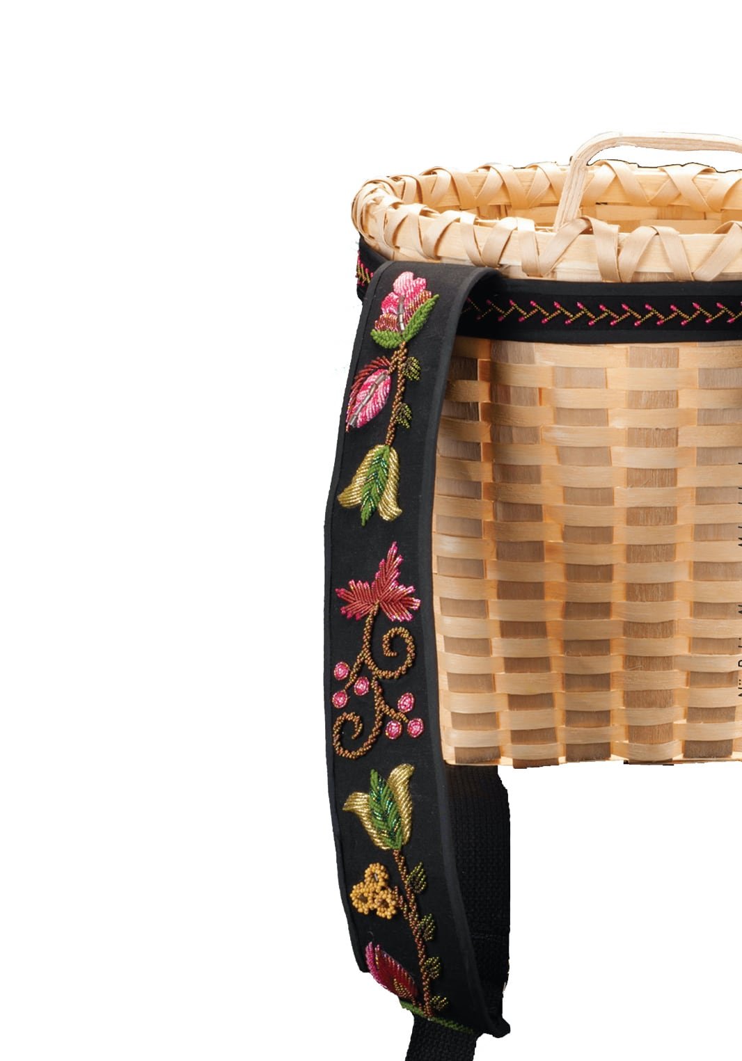 Black ash basket with black strap, beaded with Iroquois raised beadwork.