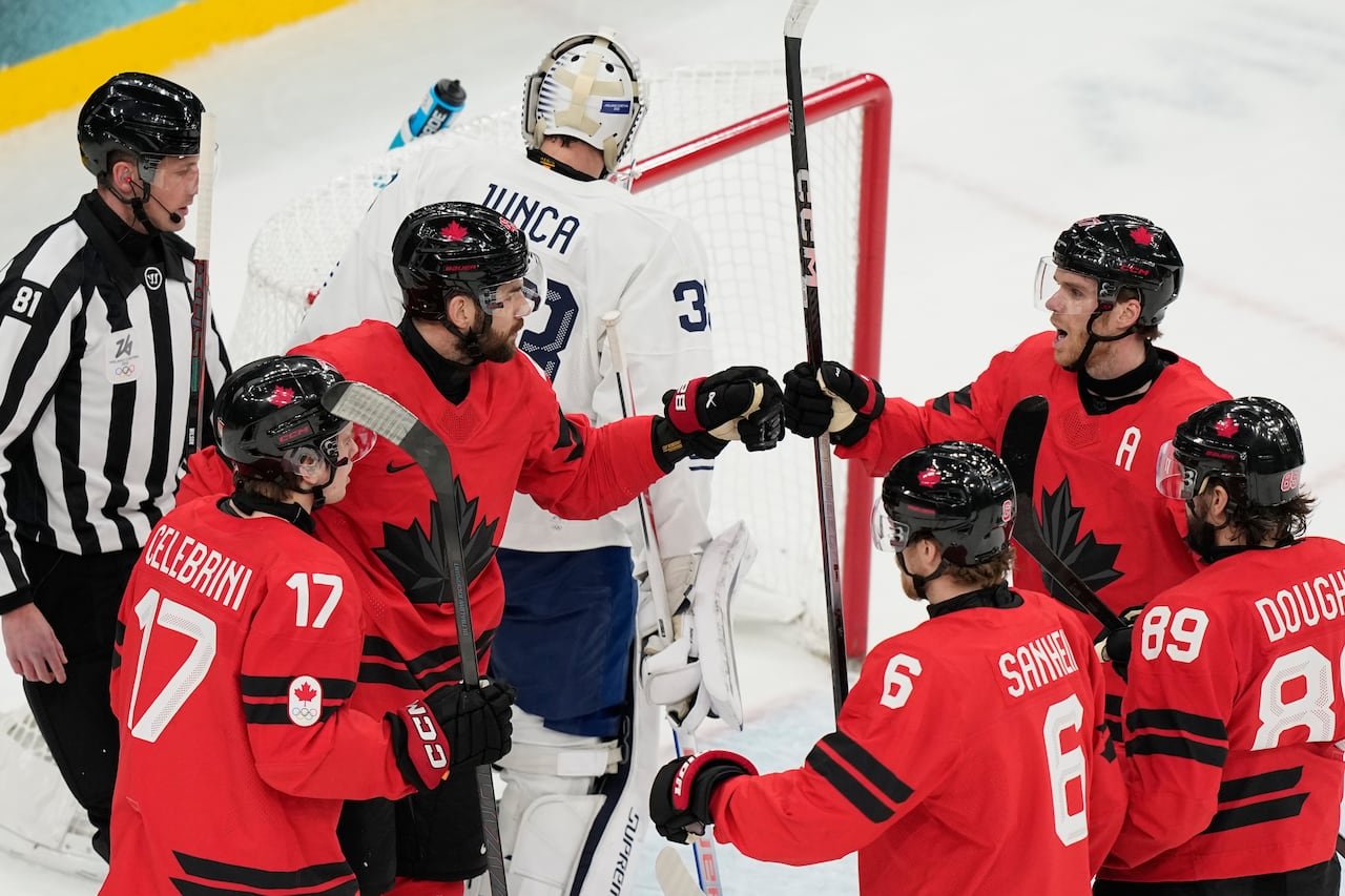 Celebration after a goal in hockey.