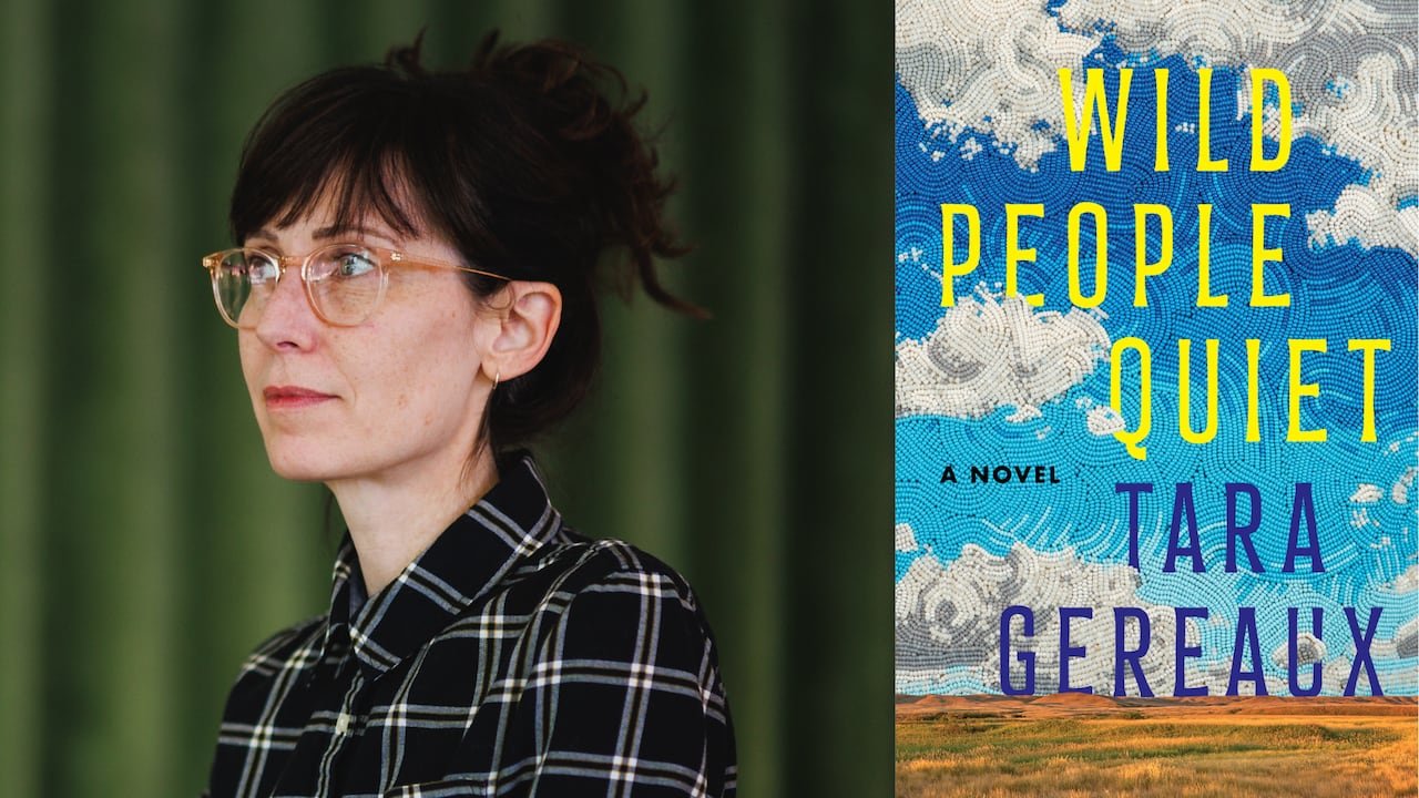 A woman with her hair in a bun wearing glasses looking left. The book cover features a beaded sky over a Saskatchewan plain.