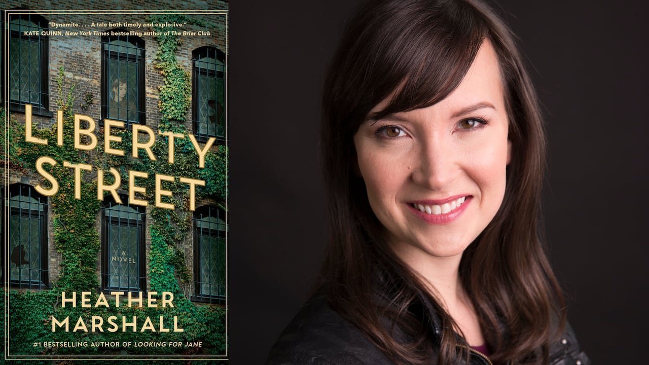 A book cover showing a woman gazing out of a vine-covered building. A woman with brown hair smiling.