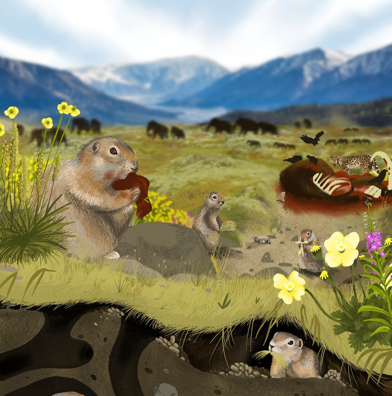 Illustration of ground squirrels in the Pleistocene Yukon with mammoths in the backdrop